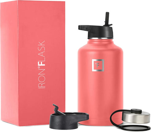 IRON °FLASK 64 Oz Sports Water Bottle - Wide Mouth with 3 Straw Lids, Insulated Thermos