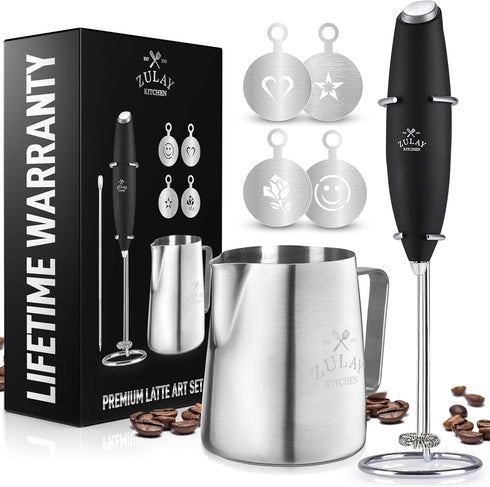 Zulay Kitchen Milk Frother Set, Latte Art Coffee Kit with Handheld Frother, Stainless Steel Pitcher & Coffee Art