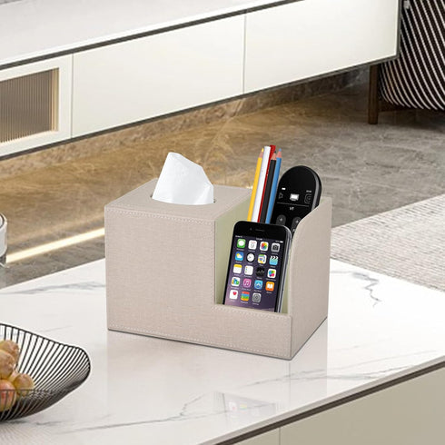 PU Leather Square Tissue Box Cover, MultiFunctional Holder for Tissue and Remote Control, Decorative Desk Organizer for
