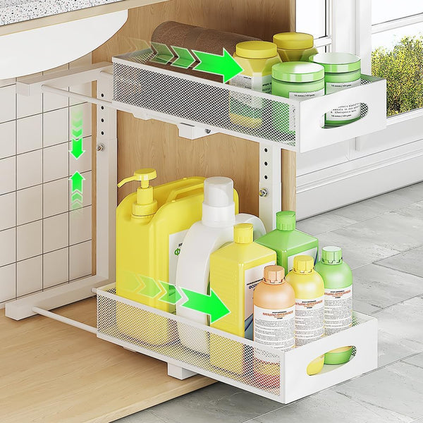 Under Sink Organizer, 2-Tier Pull-Out Cabinet Storage Baskets with Mesh Metal Sliding Drawer (1 Pack White)