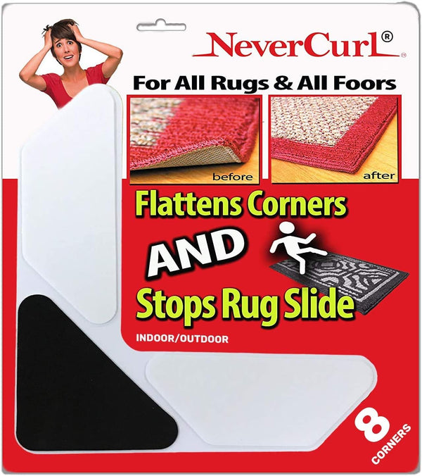 NeverCurl 8PK Rug Corner Grippers - Prevent Curling and Slipping, Easy Lift Design