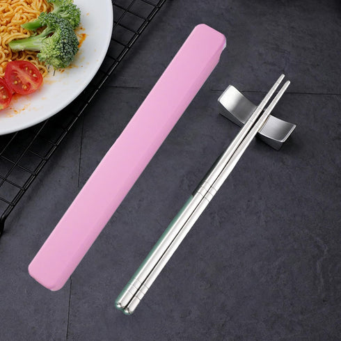 Metal Chopsticks, Reusable Stainless Steel with Pull Design Case for Travel and Bento Box (Pink)