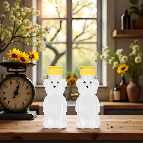 BWESOO 2Pcs 8 Oz Yellow Plastic Bear Honey Bottle Jars, Empty Honey Squeeze Bottle with Flip-top Lid for Storing