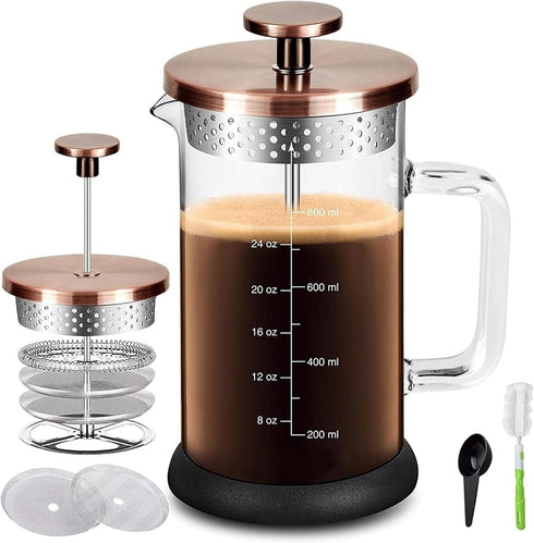 French Press Coffee Maker, 34 Ounce with 4 Filters System, Stainless Steel Plunger, Borosilicate Glass
