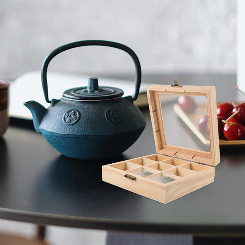 FAVOMOTO Multi-Compartment Countertop Holder, Wooden Tea Storage Box with 9 Divided Sections for Tea Bags and Seasoning