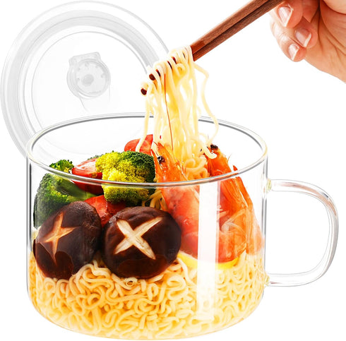 Ramen Bowl Set, Glass Salad Bowl with Lid, 34oz Portable Ramen Cooker with Handle, Microwavable with Chopsticks