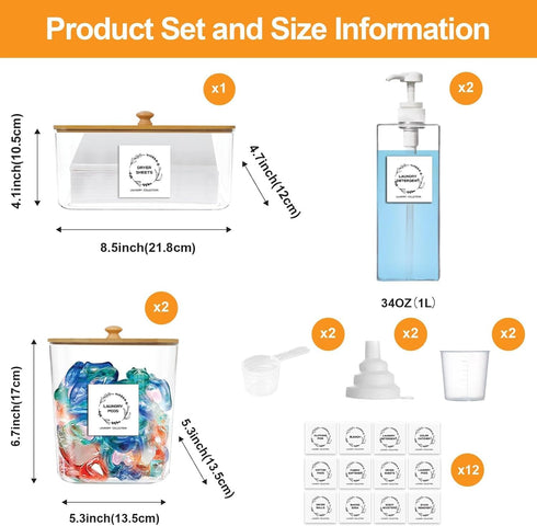 3+2 Pack FEXIA Laundry Pods Containers and Dryer Sheet Holder with Laundry Detergent Dispenser Laundry Room