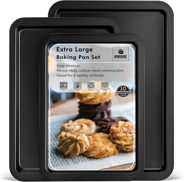 HONGBAKE XL Large Baking Sheet Set, 19x13.25 in, Nonstick Oven Tray with Wider Grips, 3 Pack, Dishwasher Safe