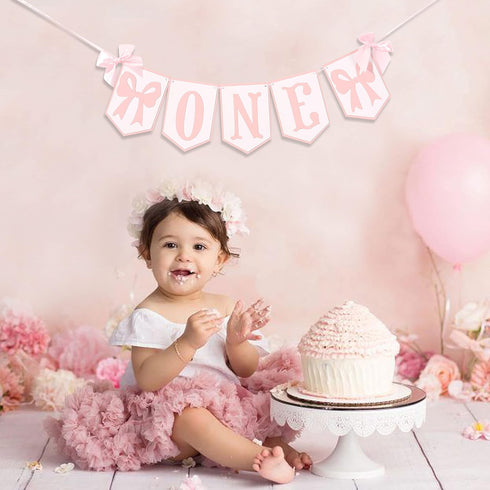 HUHJRUAR Pink and White Highchair Banner - Bow One Banner, Pink White Party Decor- Girl First Birthday Decor Cake Smash