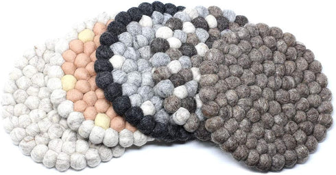 Hand Crafted Felt Ball Wool Trivet Mat, 8" Round Pad, Tie Dye Grey from Nepal