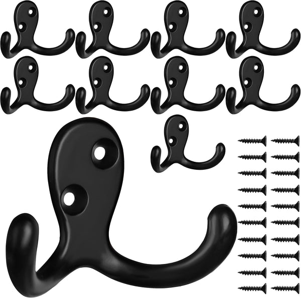 IBosins 10 Pack Heavy Duty Double Prong Coat Hooks, Wall Mounted with 20 Screws, Utility Hooks for Coat, Scarf, Bag,