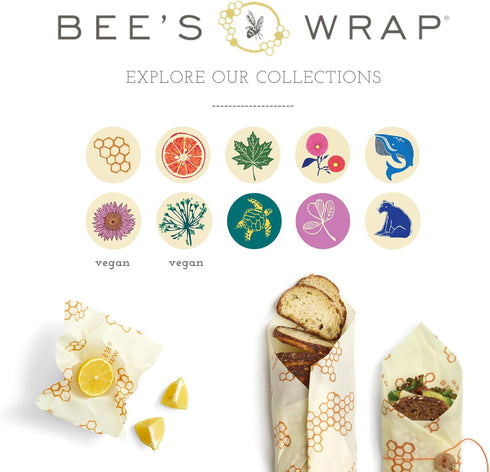 Bee's Wrap Vegan Beeswax Wraps - Organic Meadow Magic Sandwich Wrap, Reusable Bread Bags Made in USA, Eco-Friendly
