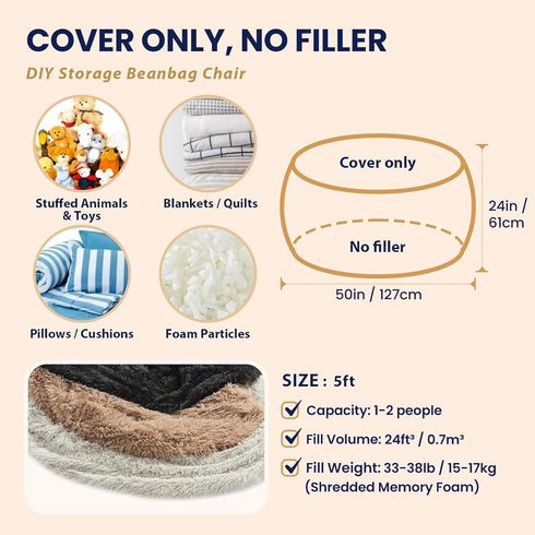 5FT, Bean Bag Cover (No Filler), Faux Fur Beanbag Chairs Covers Only, Stuffed Animal Storage Bean Bag, Big Giant