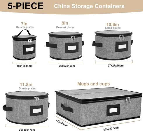 China Storage Containers, Hard Shell with Felt Dividers for Plates, 5-Piece Moving Boxes for Kitchen Organization
