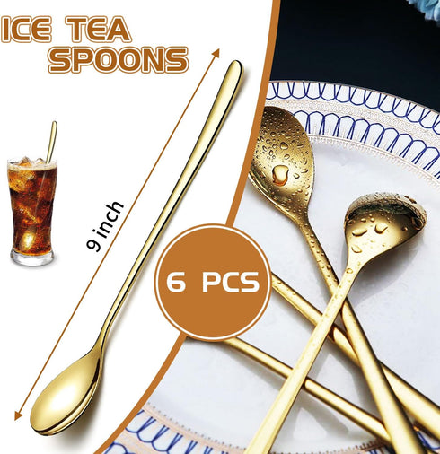 Long Handle Spoon 9.5 Inch Iced Cream Spoons Tea Spoon Coffee Stirrers Ice Spoon Stainless Steel Cocktail Stirring Spoons Dessert Milkshake Teaspoons Set of 6 (Gold)