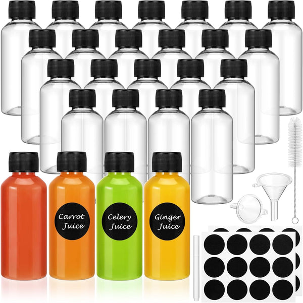 24 Pack 2 oz Shot Bottles with Caps, Mini Reusable Plastic Ginger