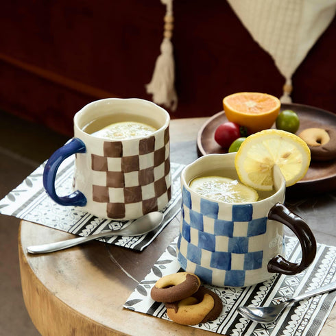 16Oz Home-4pack Retro Checkered Ceramic Coffee Mug - Extra Large Handle, Microwave Safe Vintage Patterned Tea Cup