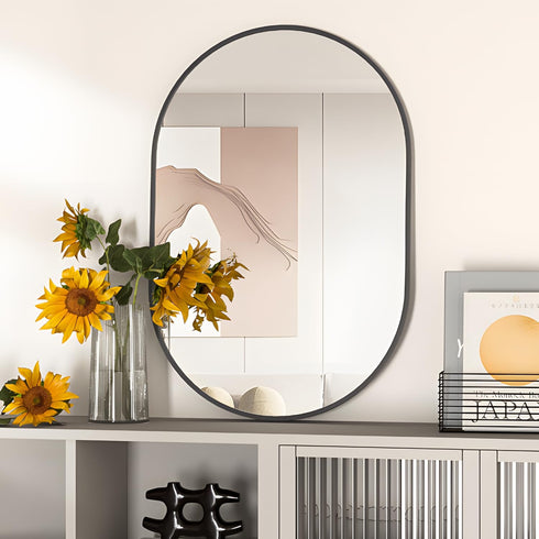 Oval Bathroom Mirror 20"x30" - Black Wall Vanity Mirrors for Over Sink, Modern Capsule Design with Metal Frame
