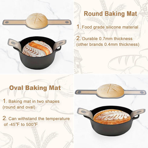 Bread Making Tools Set of 7, Includes Round Baking Mat, Oval Baking Mat, Sourdough Whisk, Bread Lame, Perfect Gift for