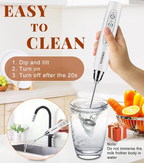 YUSWKO Handheld Milk Frother for Coffee with Stand, Rechargeable Drink Mixer, 3 Heads, 3 Speeds