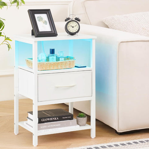 3-Tier Yoobure White Night Stand with Charging Station, LED Nightstand for Bedroom, Bedside Tables with Adjustable
