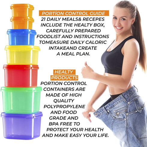 21 Day Portion Control Container Kit for Weight Loss, 21 Day Tally Chart with e-Book, 7 Labeled Pcs