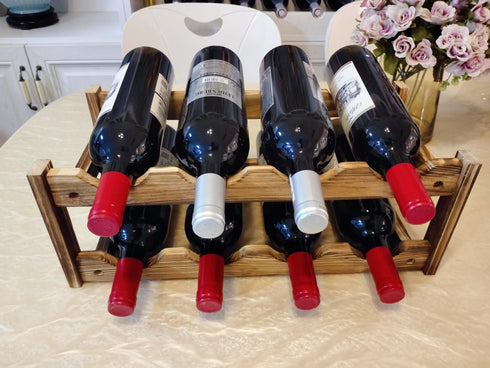 Easy-Install 8-Bottle Wine Rack - Premium Carbonized Pine Wood, Two-Tier Design for Countertop, Home Kitchen Pantry