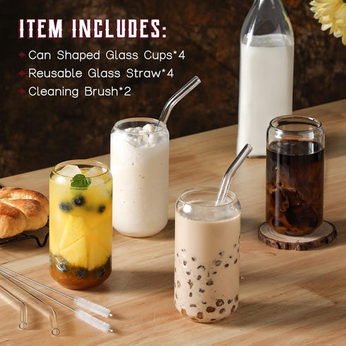NETANY Drinking Glasses with Glass Straw 4pcs Set - 16oz Can Shaped Glass Cups for Beer, Iced Coffee, Tumbler Cup for Whiskey, Soda, Tea, Water, Gift - 2 Cleaning Brushes by NETANY