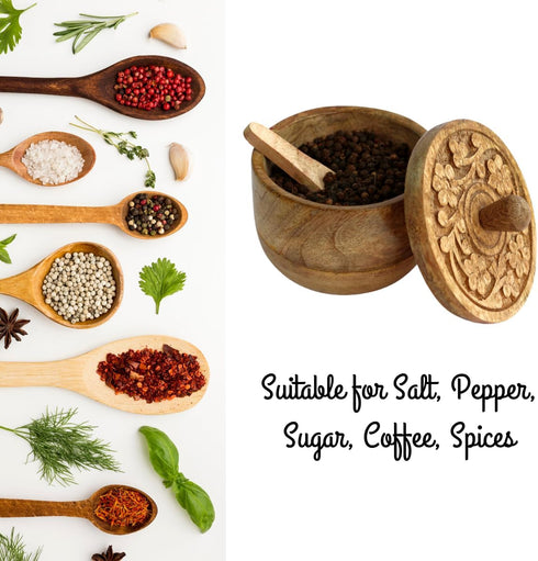 Salt Pinch Bowls - Vintage Salt Box Cellar with Wooden Lid, Spice Bowls for Cooking, Natural Mango Wood