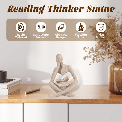 Small Bookshelf Decor Coffee Table Sculpture Abstract Thinker Statue Reading Figurine Modern Neutral Home Decoration