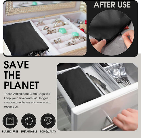 Sanwuta 8 Pcs Anti Tarnish Silver Storage Bags, Jewelry Protector Pouches (Black, 5.9 x 5.9 Inch)