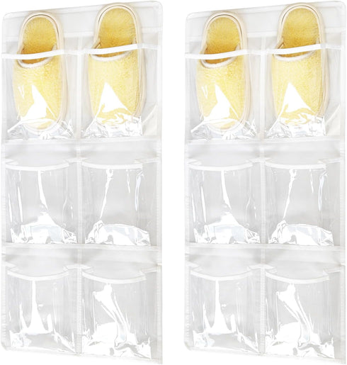 2 Pack 6 Clear Crystal Pockets Large Hanging Shoe Organizer Over The Door Shoe Rack for Closet Door Storage Shoe Holder Hanger, 4 Hooks, White (30'' x 13.8'') by TidyMaster