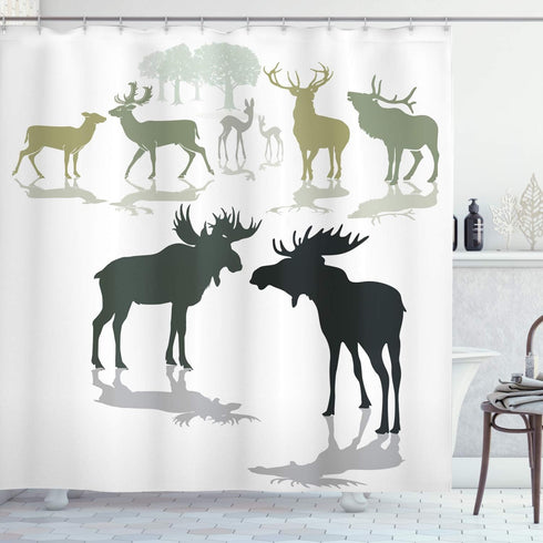 Ambesonne Antlers Shower Curtain, Elk Deer and Fawn Silhouette Forest Theme, 69" W x 75" L