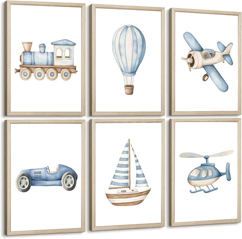 Lhoiplme Baby Boy Nursery Wall Art Transportation Blue Car Canvas Prints Vintage Toddler