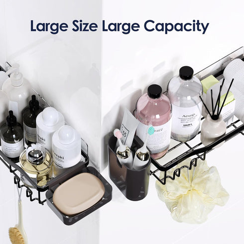 Shower Caddy Adhesive Organizer, Bathroom Shower Shelves with Soap Dish & Hooks, Rustproof Stainless Steel