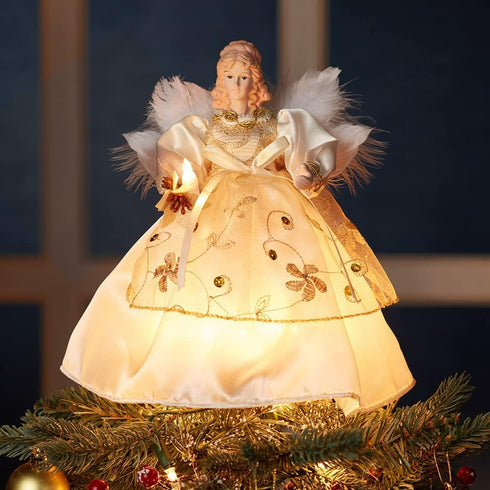 Kurt S. Adler 10-Light Ivory and Gold Angel Treetop, 9-Inch
