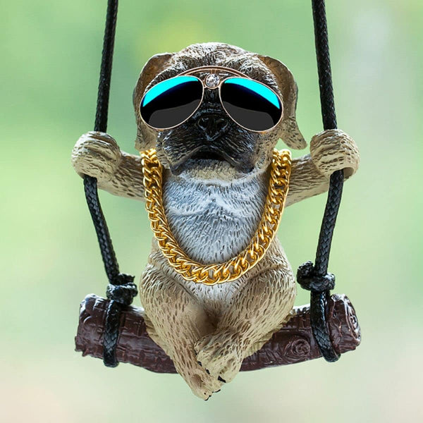 Swing Pug Car Hanging Ornament, Cute Resin Dog Figurines for Rearview Mirror Decoration