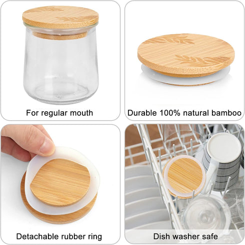 Set 8 Pack Oui Yogurt Bamboo Jar Lids With Silicone Sealing Rings - Leaves Pattern for Glass Storage
