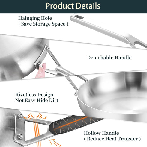 Tri-Ply Fully Bonded Stainless Steel 8inch Frying Pan, Chef's Skillet, Induction & Dishwasher Safe, Removable Handle