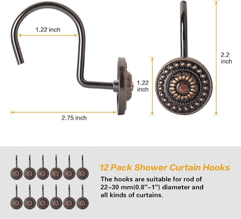 Decorative Bronze Shower Curtain Hooks, Rust Proof Rings for Bathroom, 12Pcs Shower Curtain Liner Hooks