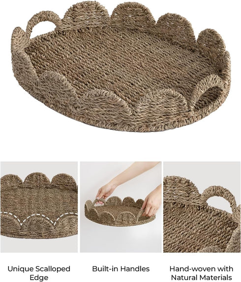 StorageWorks Scalloped Edge Wicker Serving Tray, Woven Rattan Table Trays with Handle, Wicker Tray for Room Dcor