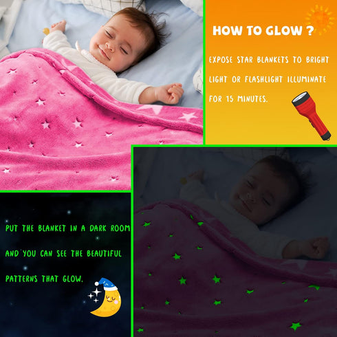 Glow in The Dark Blanket for Kids, Soft Cozy Warm Fuzzy Throw Blanket with Pink Glowing Stars