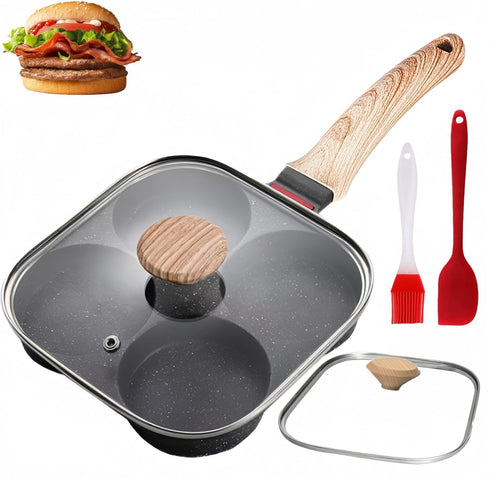HUPECHAM Egg Pan With Lid 4-Cup Nonstick, and Healthy Granite Egg Frying Pan,