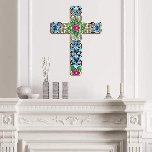 Floral Cross Wall Decor - Hand Painted Inspirational Wooden Cross, Mexican Art for Home Room Church Decoration