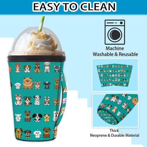 FengQuGou 30-32 oz Animal Dogs Reusable Iced Coffee Cup Sleeve With Handle Neoprene Ice Insulator Coffee Cup Sleeve