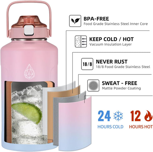 Half Gallon Stainless Steel Water Bottle, Insulated with AutoLock Spout, 64 oz Leakproof (Pink-Blue Gradient)