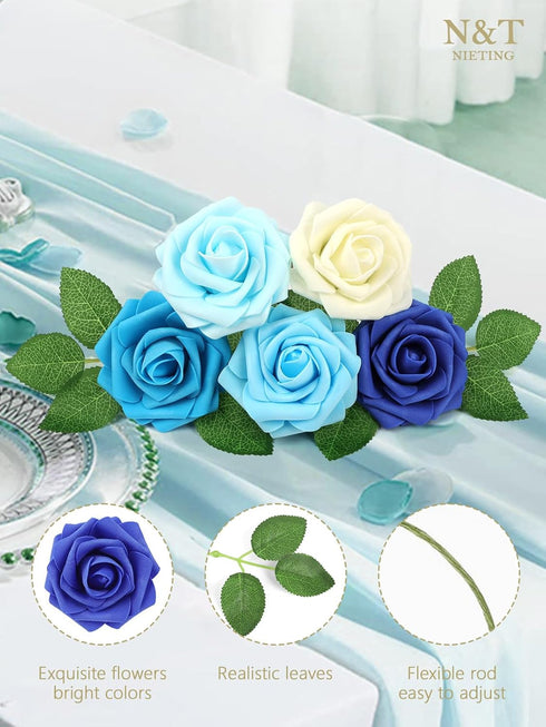 N&T NIETING Blue Roses Artificial Flowers, 25pcs Fake Flowers for DIY Wedding, Bridal Bouquets, Home Decoration