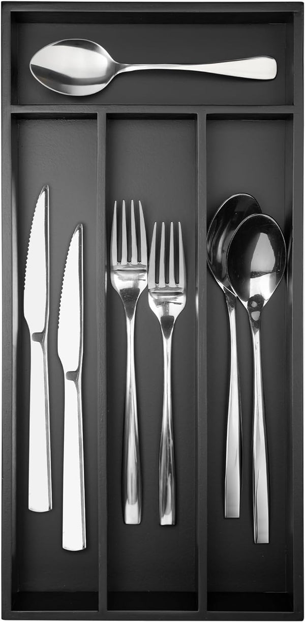 Silverware Organizer Small Bamboo Kitchen Drawer, Utensil Holder, Flatware Organizer Tray, Black, 4 Slots