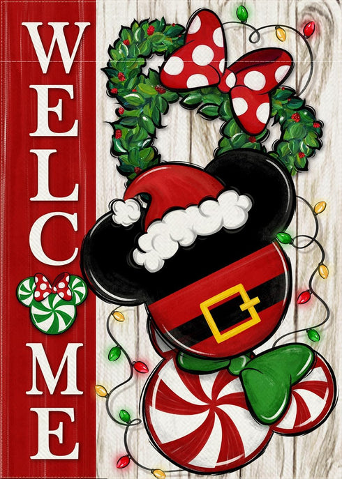 Welcome Christmas Mouse Santa Garden Flag - Xmas Peppermint Candy Wreath Ornament, Double Sided Winter Holiday Decor