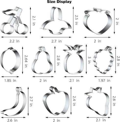 10PCS Stainless Steel Fruit Cookie Cutters Set, Molds for Pineapple, Strawberry, Pear, Lemon, Apple, Grape, Peach,